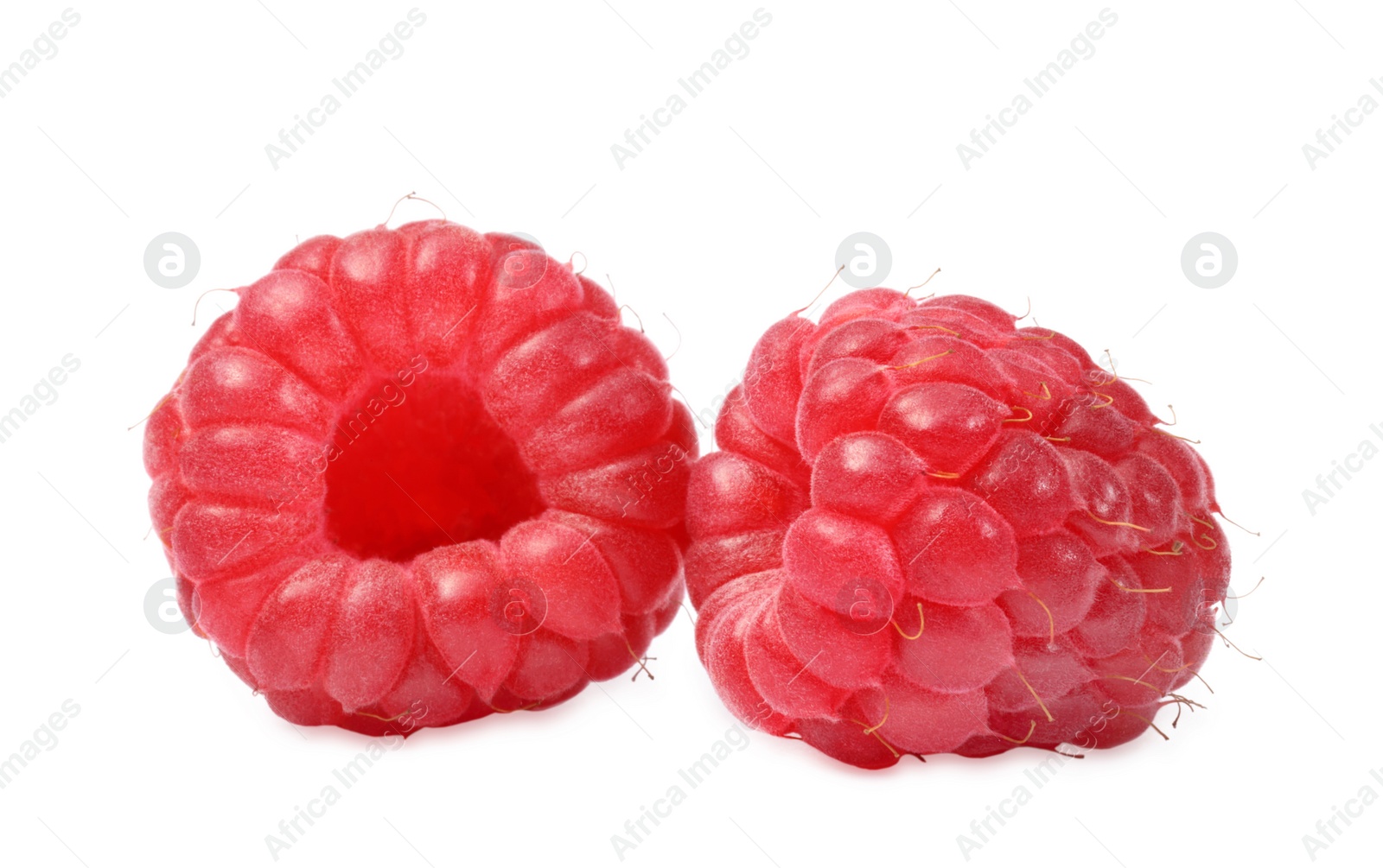 Photo of Two tasty ripe raspberries isolated on white