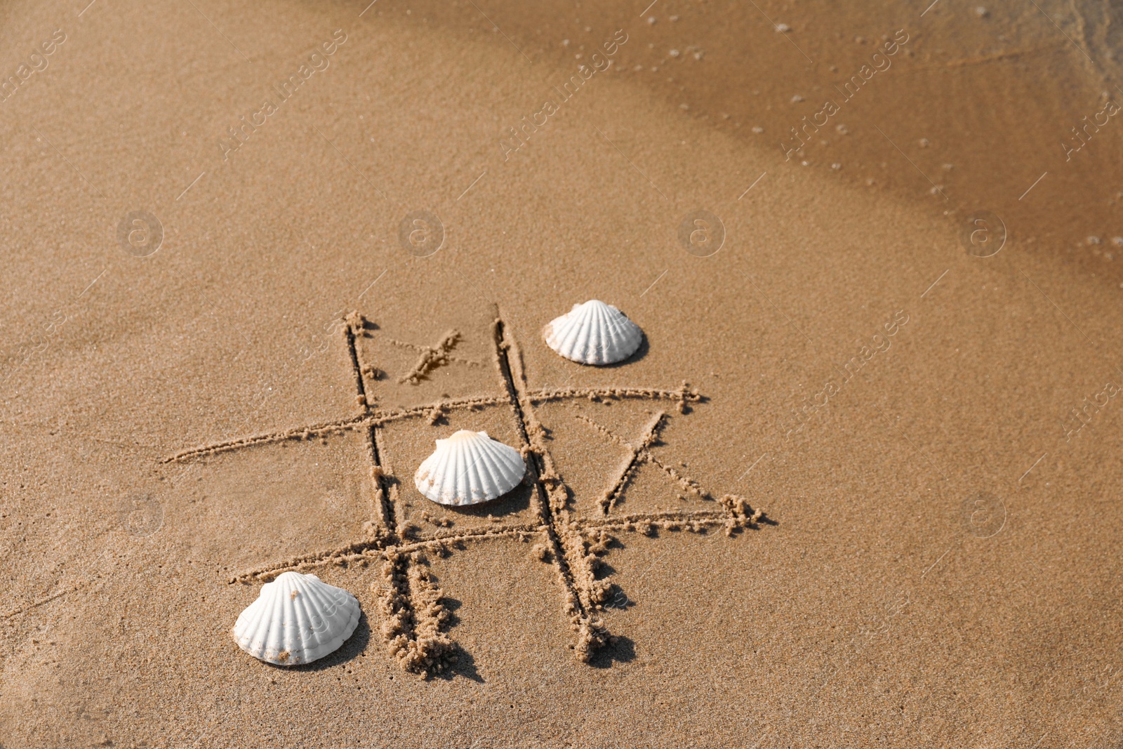 Photo of Playing Tic tac toe game with shells on sand near sea. Space for text