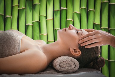 Image of Beautiful young woman enjoying massage in spa salon. Green bamboo stems on background