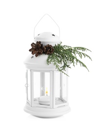 Photo of Decorative Christmas lantern with candle isolated on white