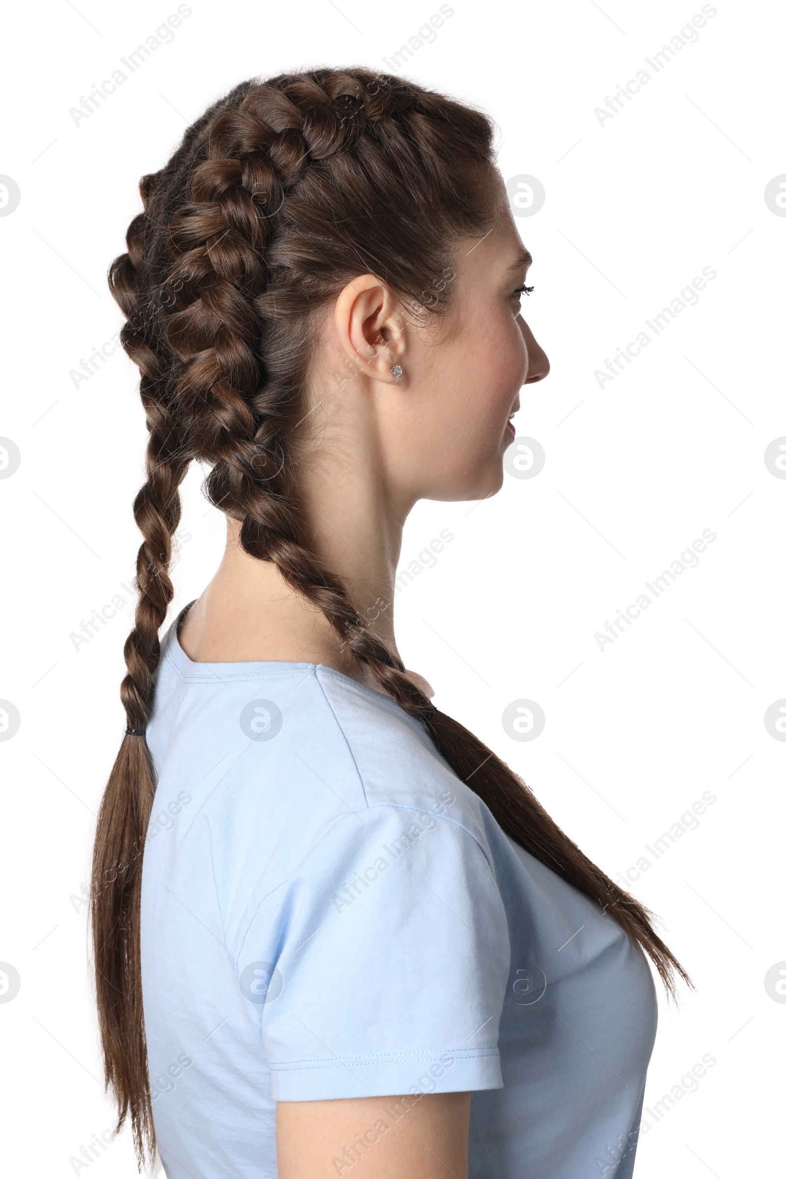 Photo of Woman with braided hair on white background