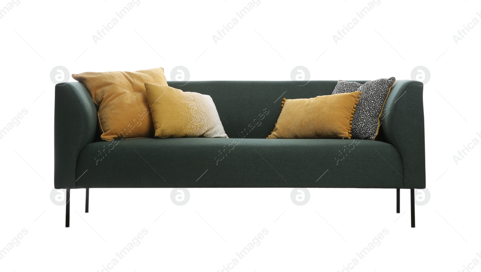 Photo of Comfortable green sofa with cushions isolated on white. Furniture for living room interior