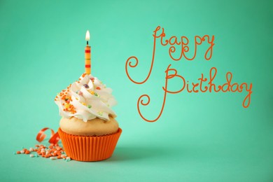Happy Birthday! Delicious cupcake with candle on green background