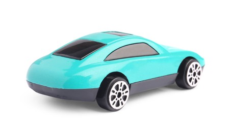 Photo of One turquoise car isolated on white. Children`s toy