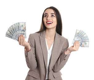 Portrait of happy young businesswoman with money on white background