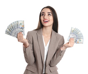 Photo of Portrait of happy young businesswoman with money on white background