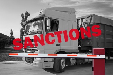 Image of Economic sanctions. Truck on road in front of closed boom barrier. White and black toned design