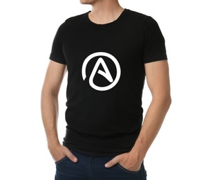 Image of Man in black t-shirt with atheism sign on white background, closeup