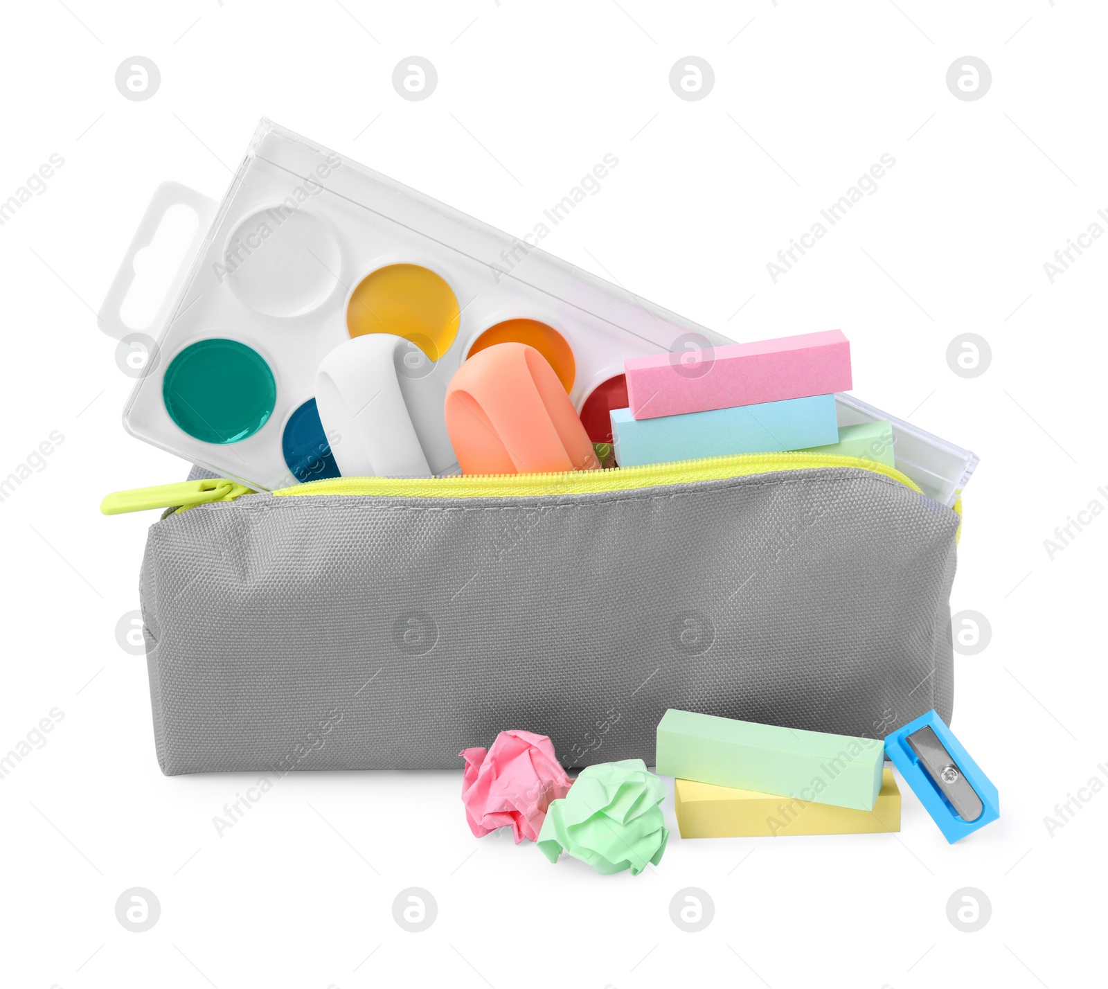 Photo of Pencil case with different school stationery on white background