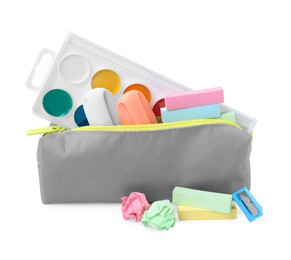 Pencil case with different school stationery on white background