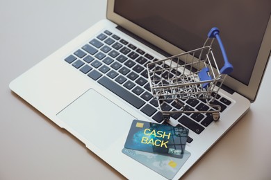 Image of Modern laptop with small cart and cashback credit cards on light table