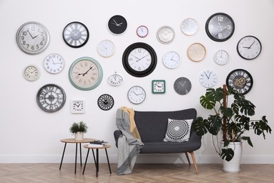 Photo of Comfortable furniture, beautiful houseplant and collection of different clocks on white wall in room