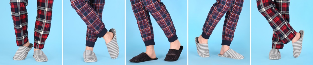 Image of Collage with photos of men wearing stylish slippers on blue background, closeup. Banner design