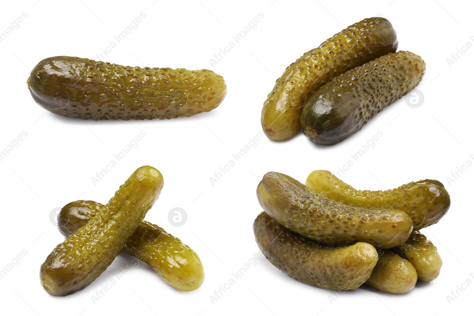 Image of Tasty pickled cucumbers isolated on white, set