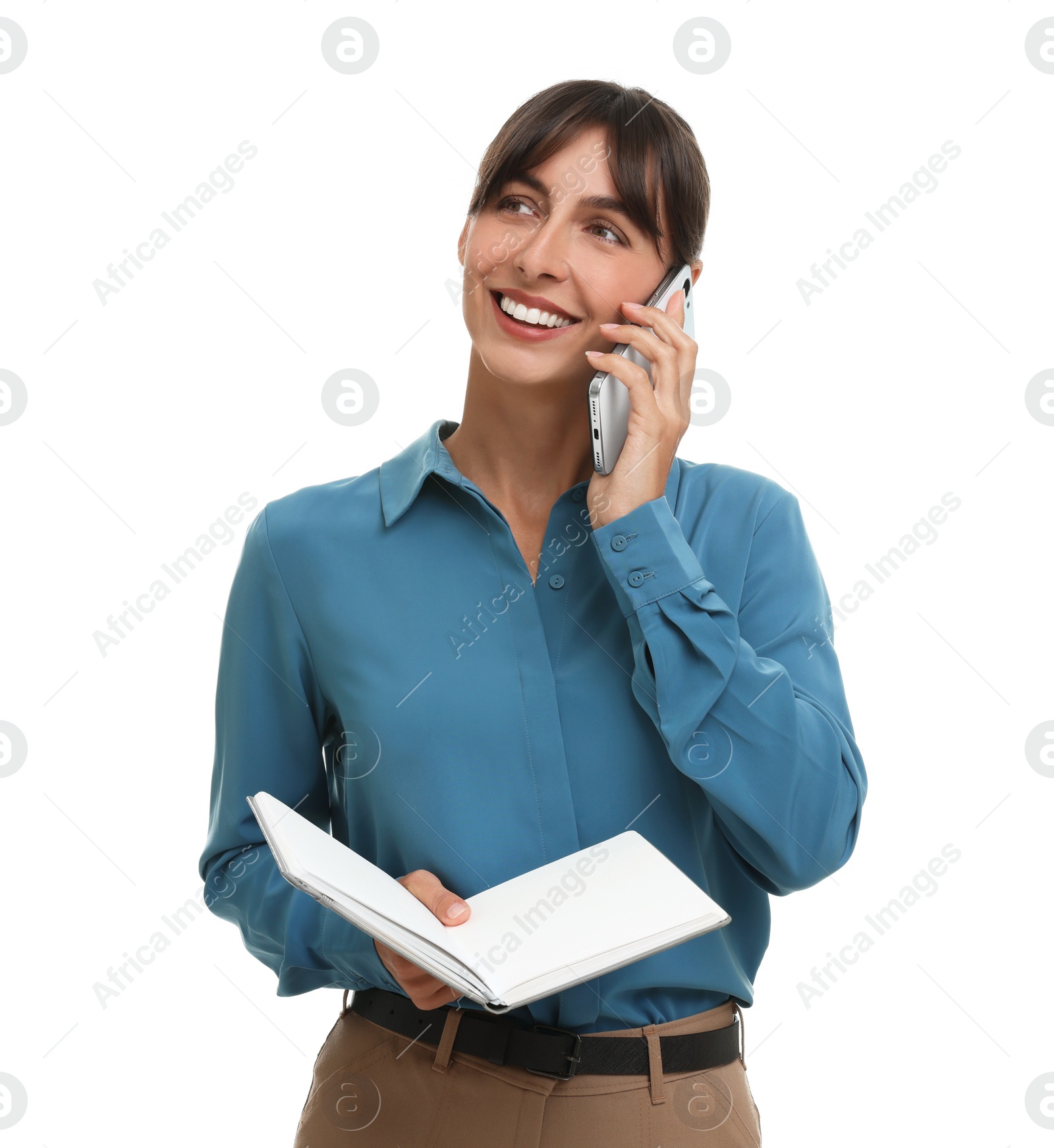 Photo of Happy secretary with notebook talking on smartphone against white background