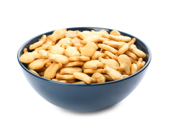 Photo of Delicious goldfish crackers in bowl isolated on white