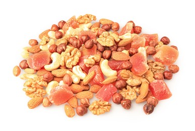Photo of Different tasty nuts and dried papayas on beige background