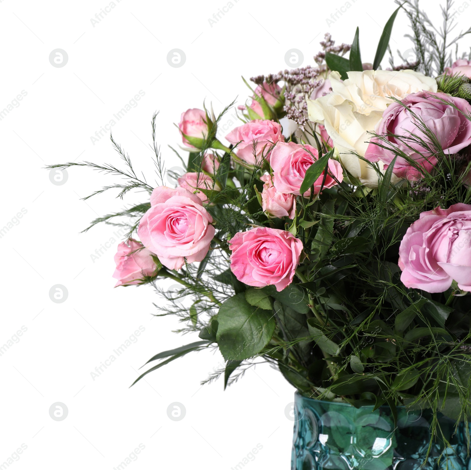 Photo of Beautiful bouquet with roses on white background, closeup. Space for text