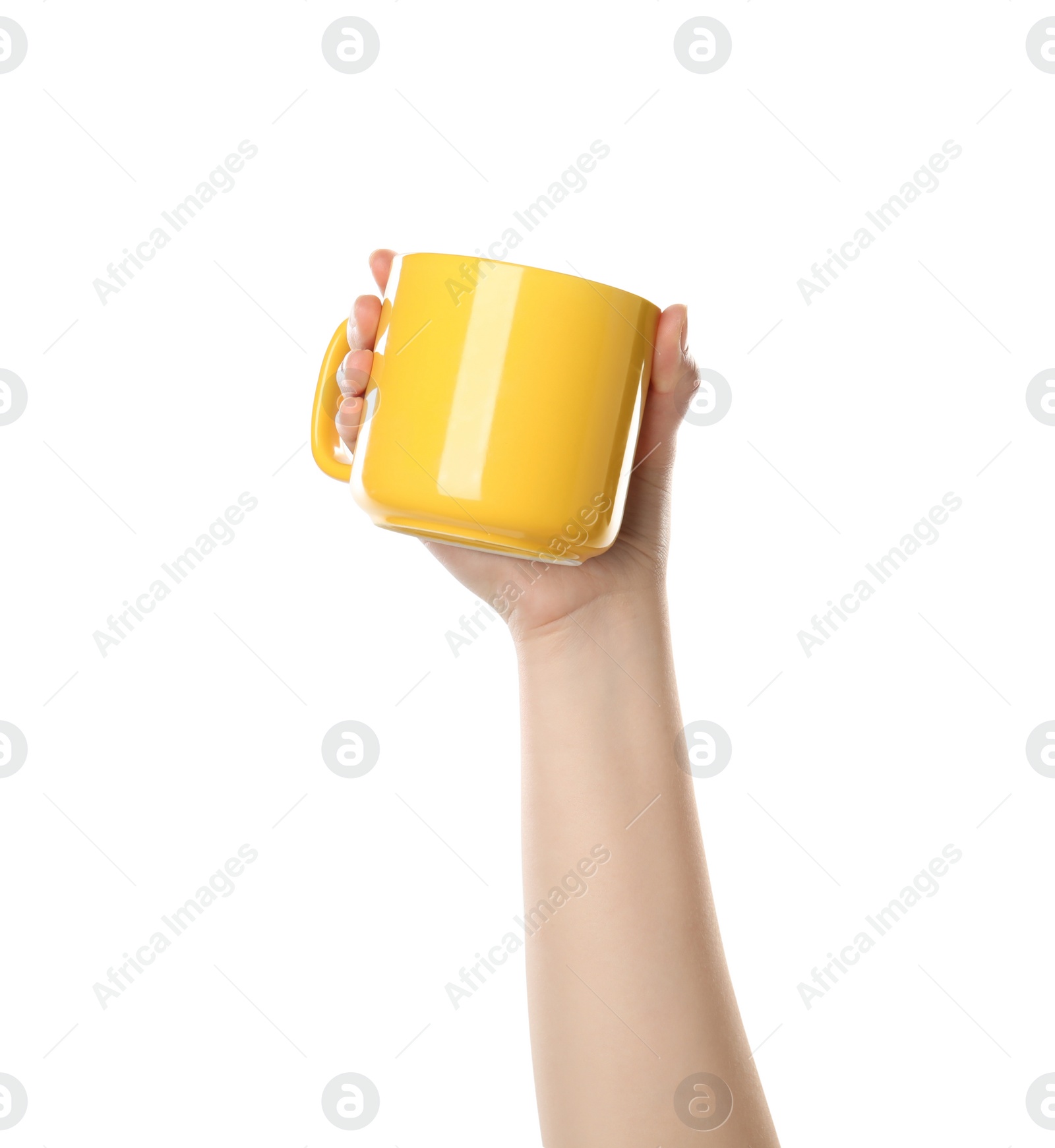 Photo of Woman holding yellow cup on white background, closeup