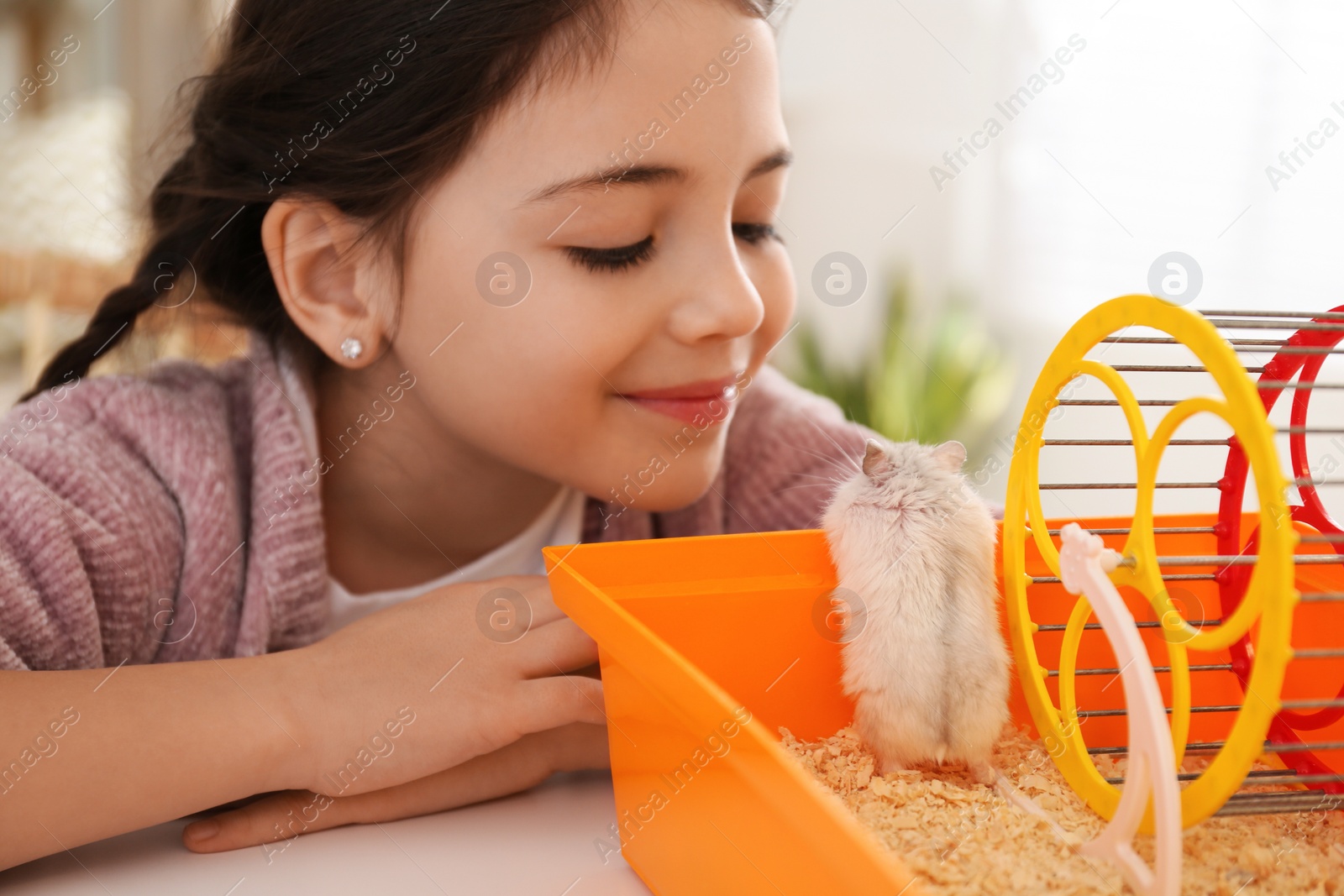 Photo of Little girl and her hamster in cage at home