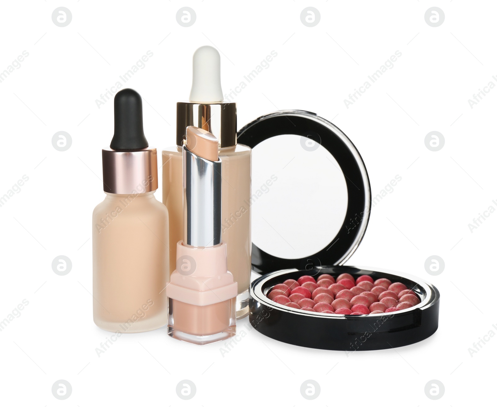 Photo of Foundation makeup products on white background. Decorative cosmetics