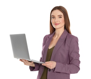 Portrait of beautiful woman with laptop on white background