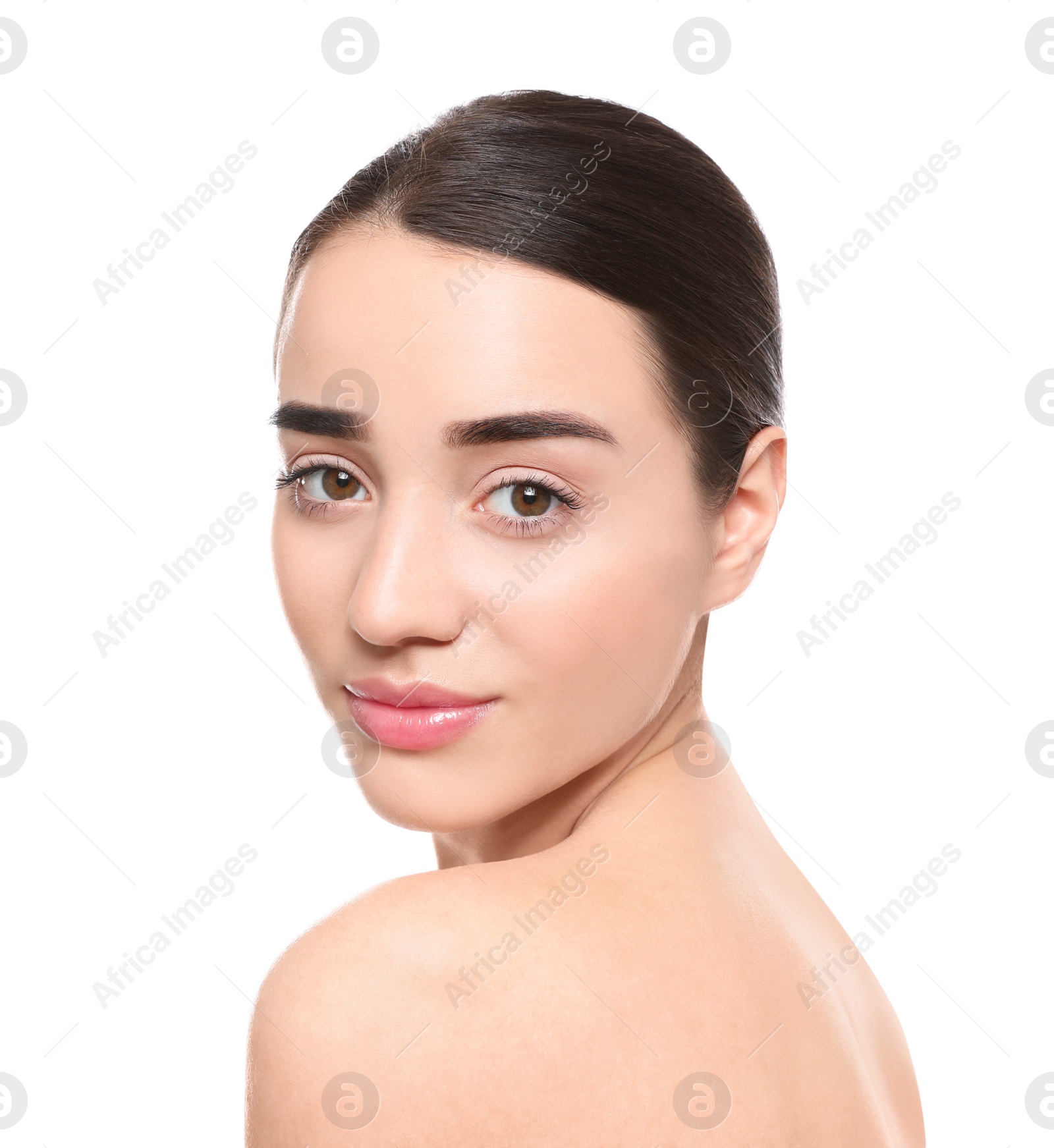 Photo of Portrait of young woman with beautiful face against white background