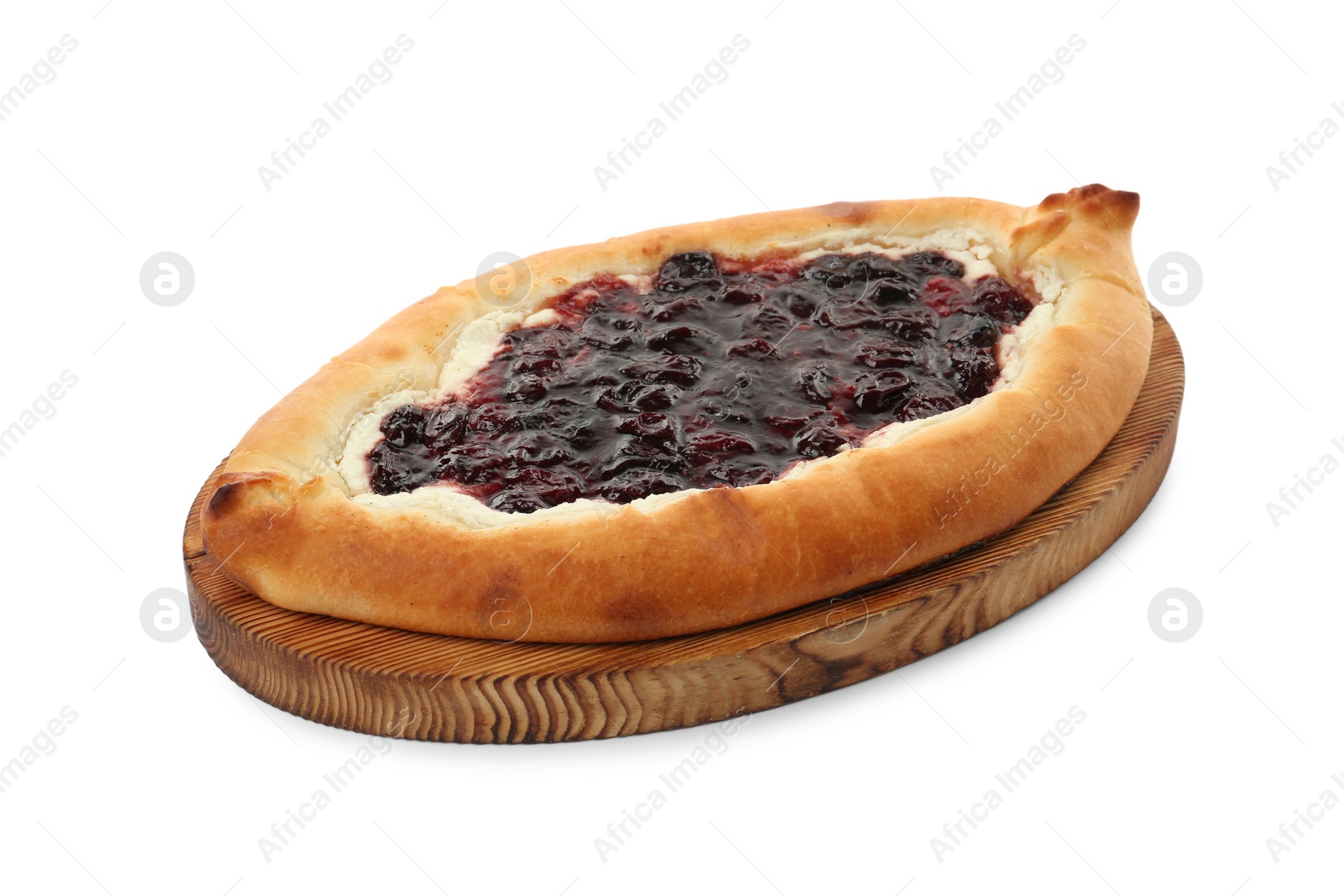 Photo of Delicious sweet cottage cheese pastry with cherry jam isolated on white