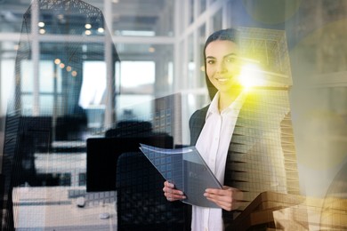 Image of Double exposure of successful businesswoman and cityscape