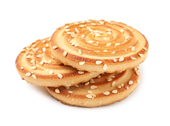 Photo of Grain cereal cookies on white background. Healthy snack