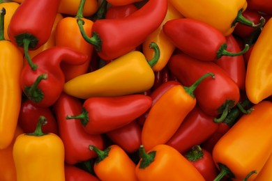 Photo of Yellow and red hot chili peppers as background, top view