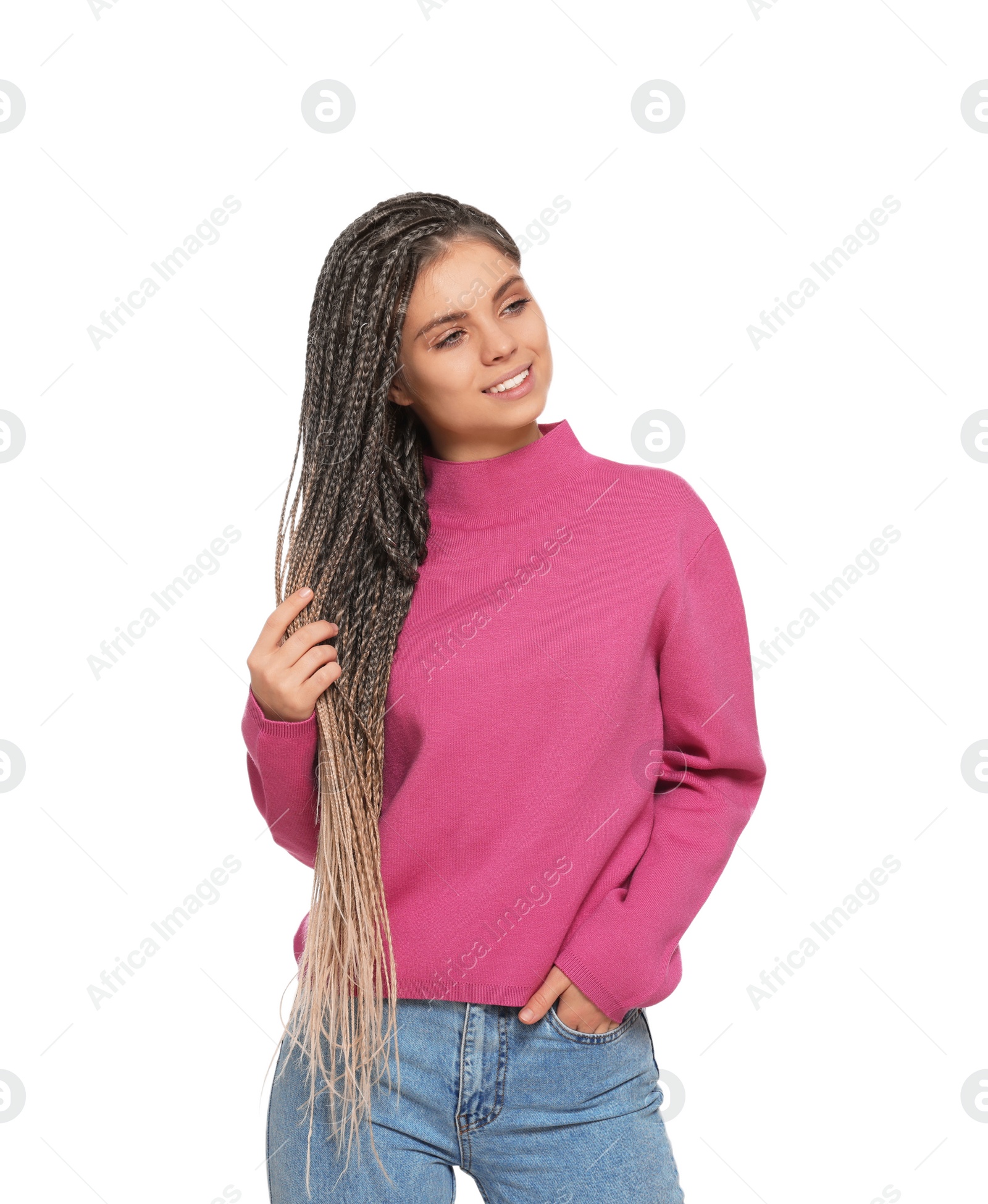 Photo of Beautiful woman with long african braids on white background