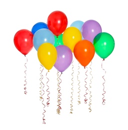 Many colorful balloons floating on white background