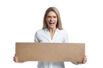 Photo of Angry woman holding blank cardboard banner on white background, space for text