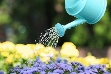 Watering beautiful flower bed with can outdoors