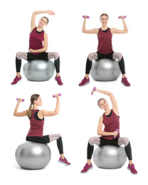 Image of Collage of woman with fitball doing exercises on white background