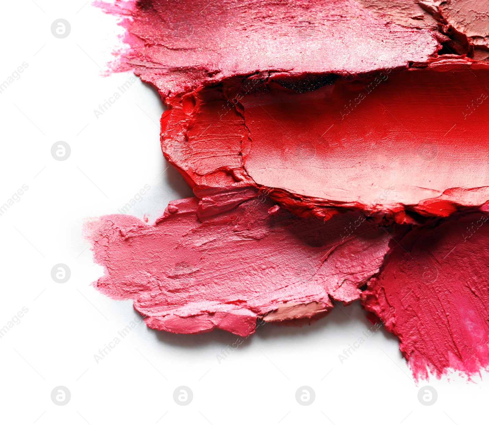 Photo of Collection of lipstick swatches on white background