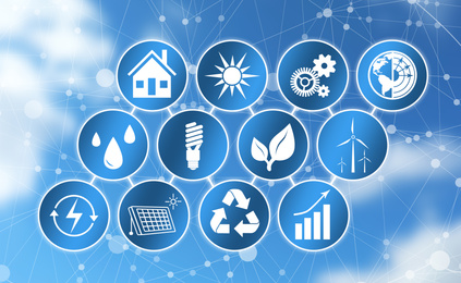 Image of Energy efficiency concept. Different icons and sky on background