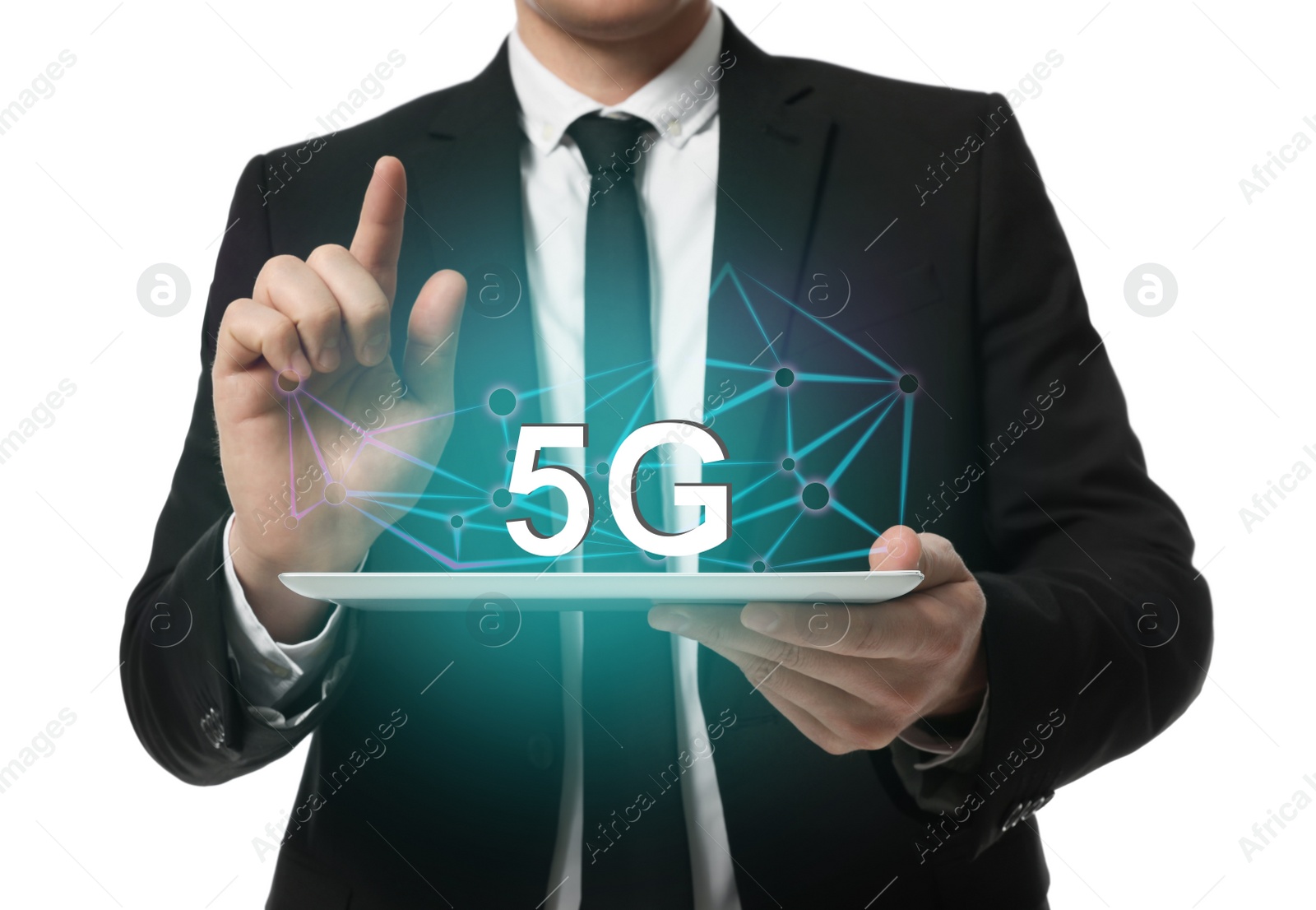 Image of Man using tablet with 5G network system on white background, closeup