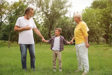 Photo of Cute little boy and grandparents spending time together in park