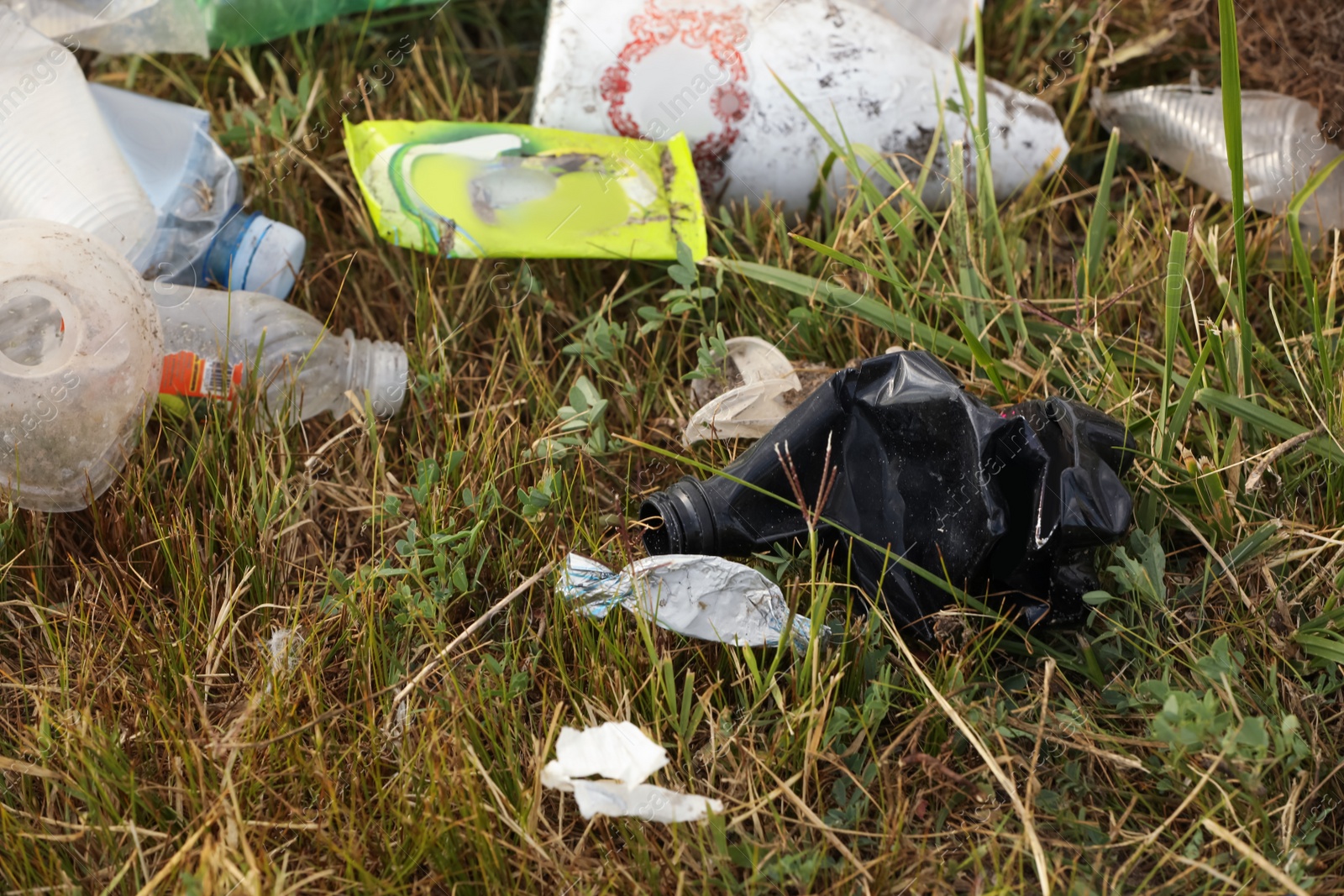 Photo of Garbage scattered on grass. Environment pollution problem