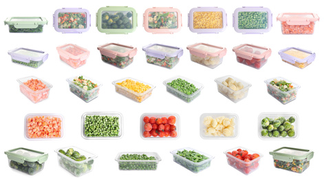 Image of Set of different frozen vegetables in containers on white background