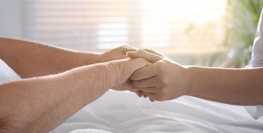 Doctor and senior patient holding hands in hospital, closeup. Banner design