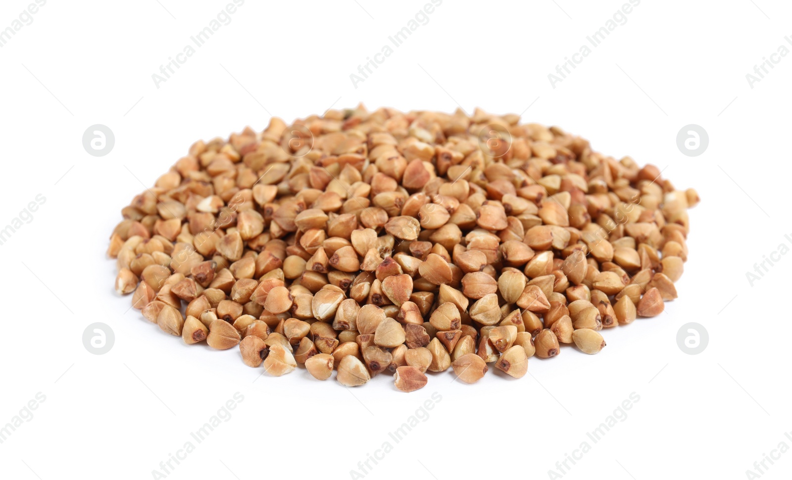 Photo of Uncooked buckwheat on white background. Healthy diet