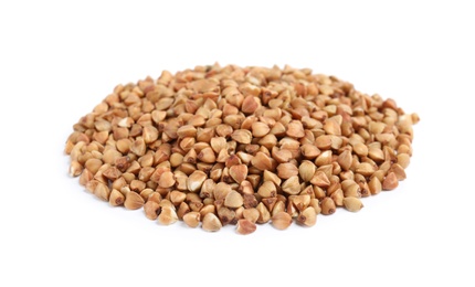 Photo of Uncooked buckwheat on white background. Healthy diet