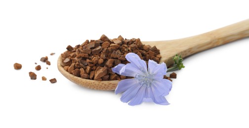 Photo of Spoon of chicory granules and flower on white background
