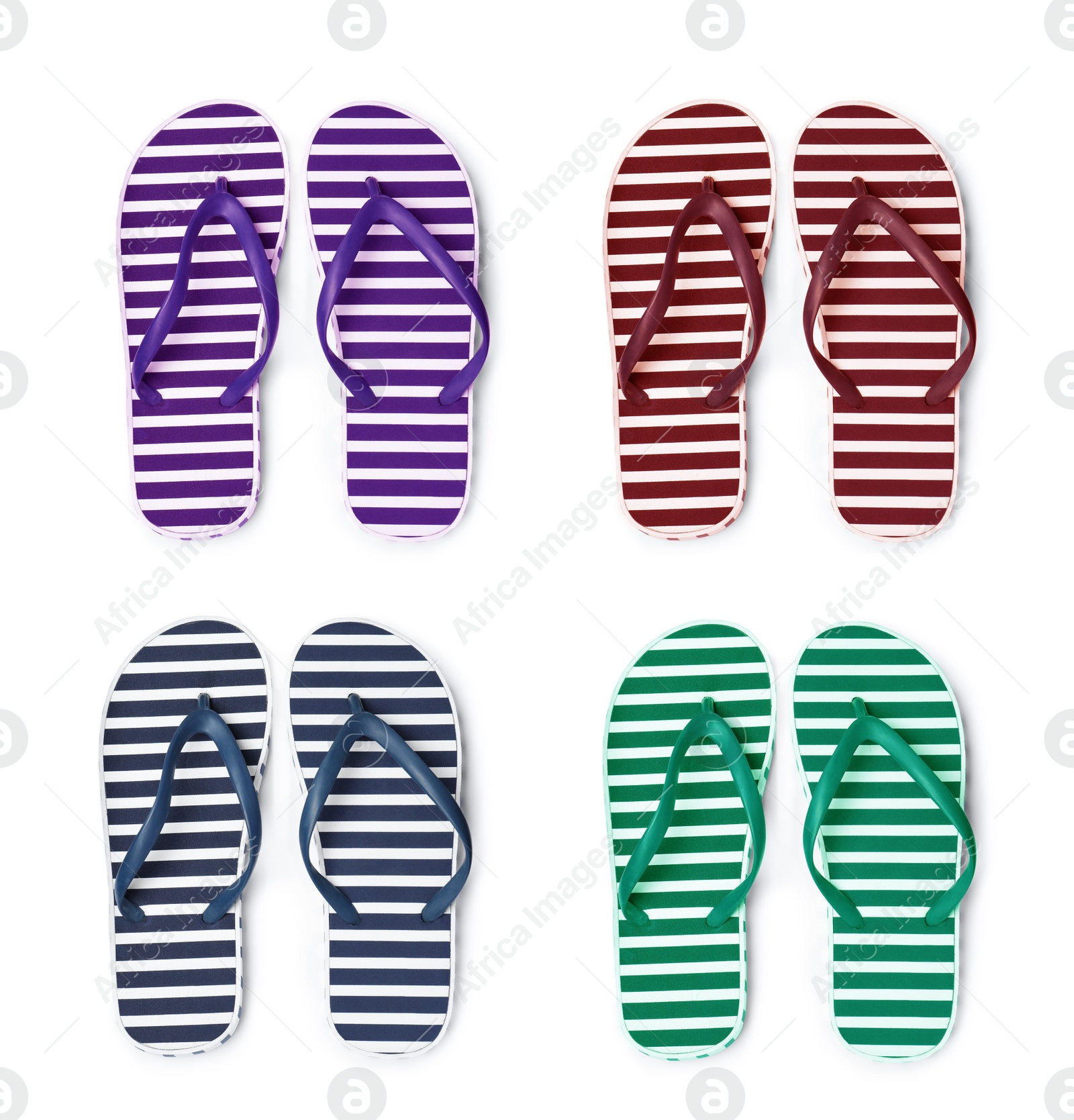 Image of Set with different striped flip flops on white background, top view