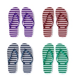 Image of Set with different striped flip flops on white background, top view