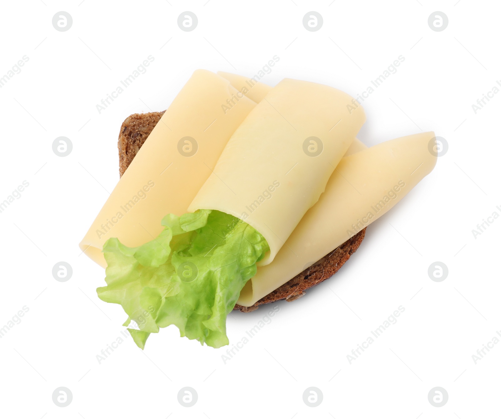 Photo of Tasty sandwich with slices of fresh cheese and lettuce isolated on white, top view