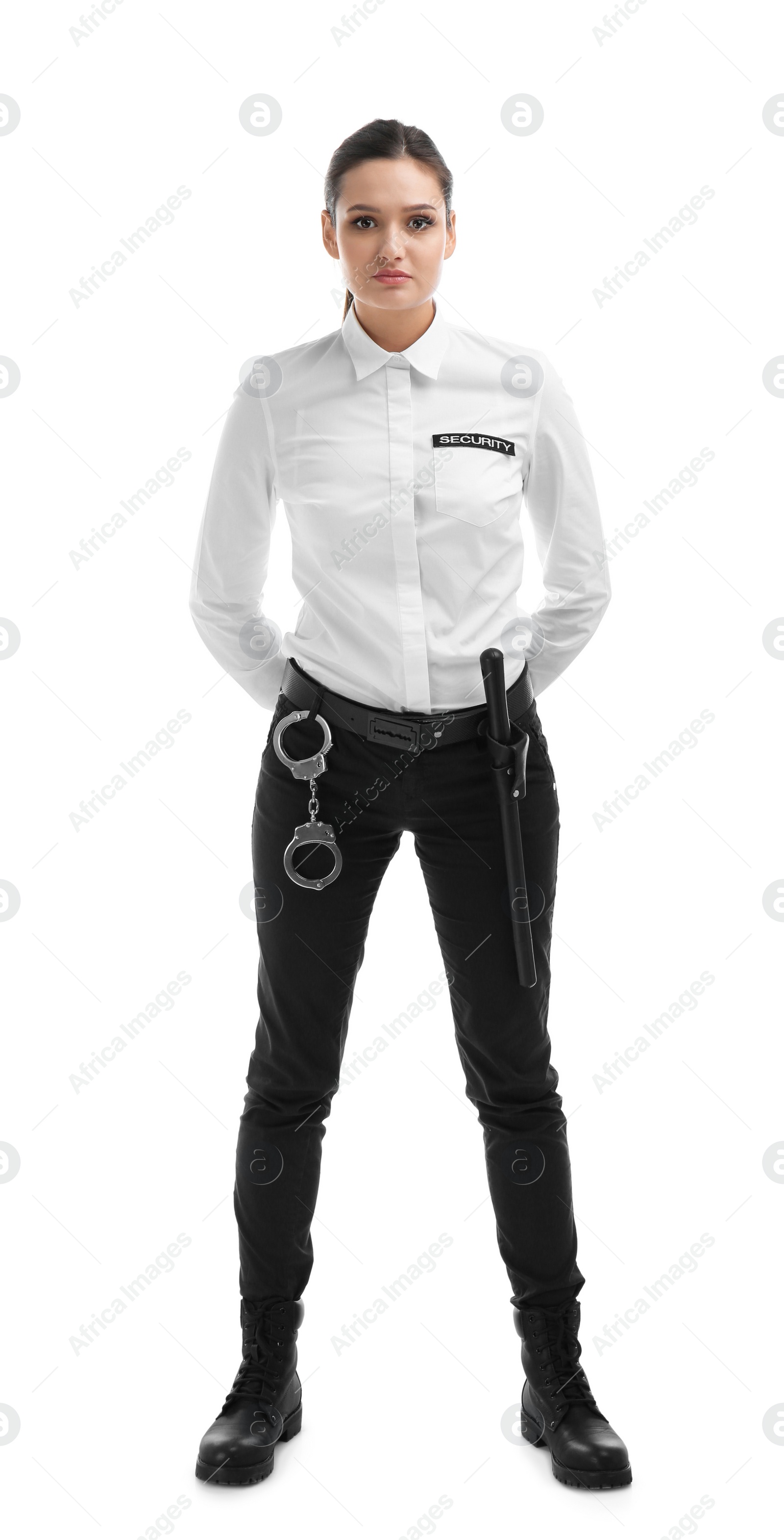 Photo of Female security guard in uniform on white background